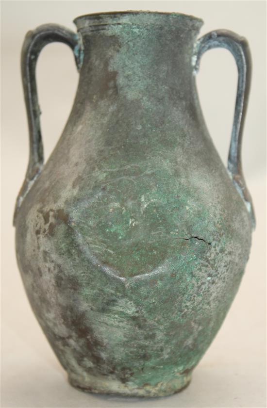 An Ancient bronze amphora, probably Greek, c. 4th century B.C., 13.5cm, dented